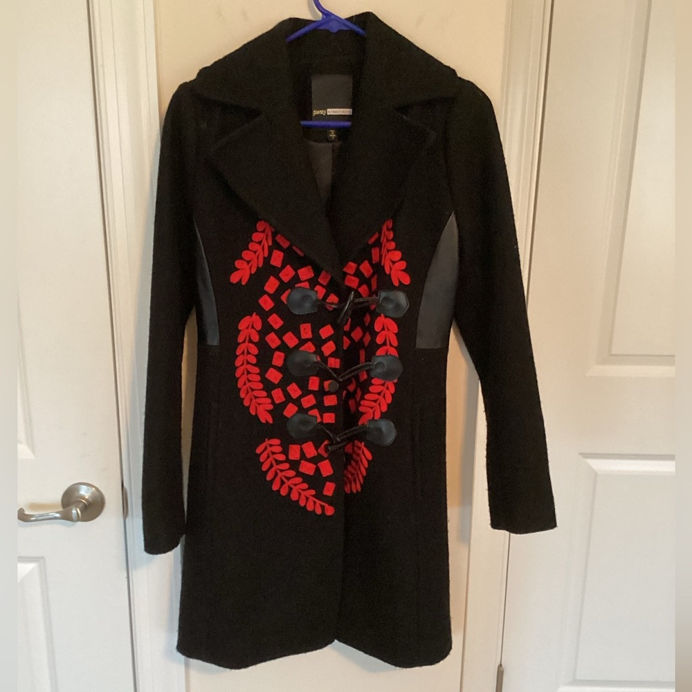 Designer Style Mid Length Wool Coat with Distinctive Red Embroidery,  Size 2